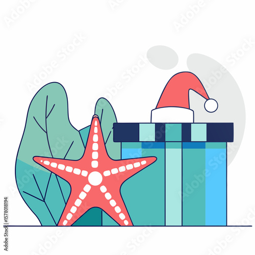 A starfish stands beside a gift box topped with a Santa hat, set against abstract leaves and a background shape.