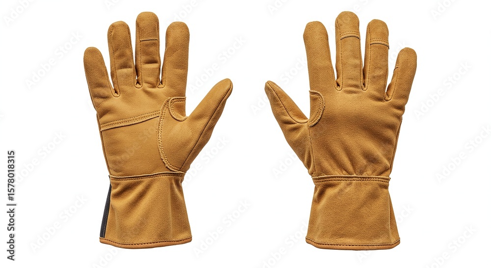Obraz premium Brown Work Gloves Pair with Reinforced Cuffs and Textured Surface on White Background