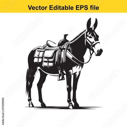Angular Line Art of a Mule – Hybrid Vigor and Sturdy Stance with Packed Saddlebags Detail