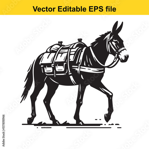 Angular Line Art of a Mule – Hybrid Vigor and Sturdy Stance with Packed Saddlebags Detail
