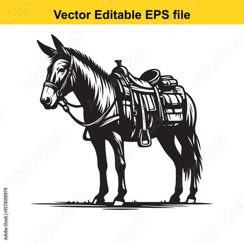Angular Line Art of a Mule – Hybrid Vigor and Sturdy Stance with Packed Saddlebags Detail