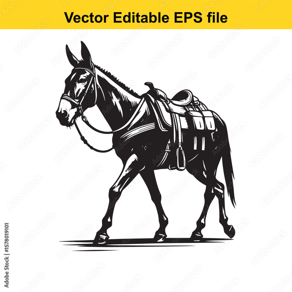 Fototapeta premium Angular Line Art of a Mule – Hybrid Vigor and Sturdy Stance with Packed Saddlebags Detail