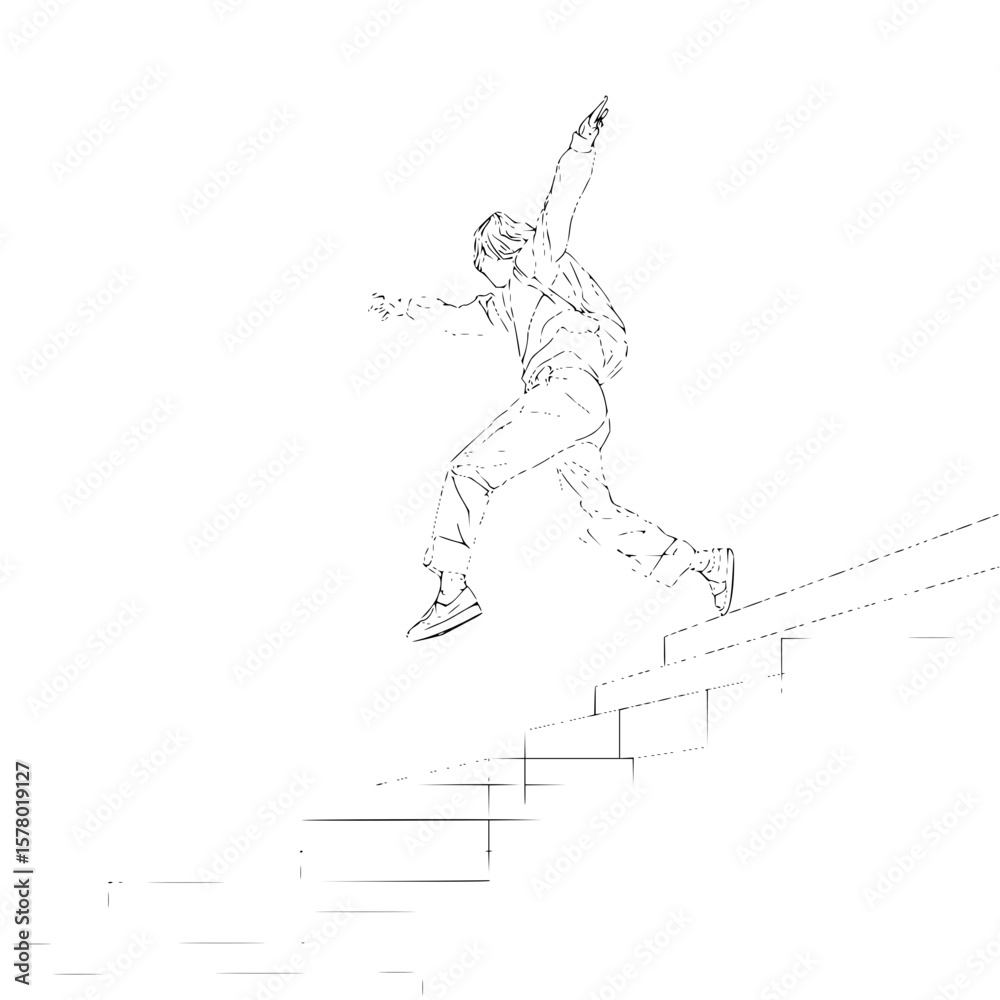 Fototapeta premium A person leaping down a staircase with arms outstretched in a dynamic line drawing style illustration