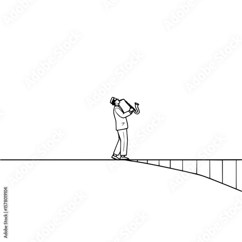 Illustration of a man in a suit playing a saxophone while standing on a bridge in black and white style