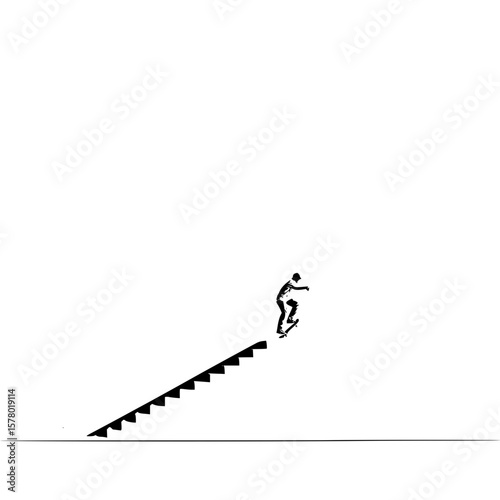 Silhouette of a skateboarder jumping down a set of stairs in a minimalist black and white image