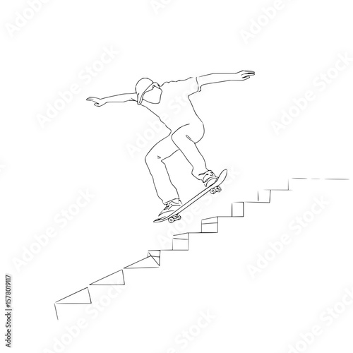 A minimalist line drawing of a skateboarder riding down a set of stairs with arms outstretched wide