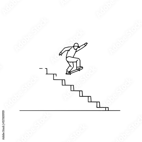A minimalistic line drawing of a skateboarder performing a trick over a set of stairs on a white background