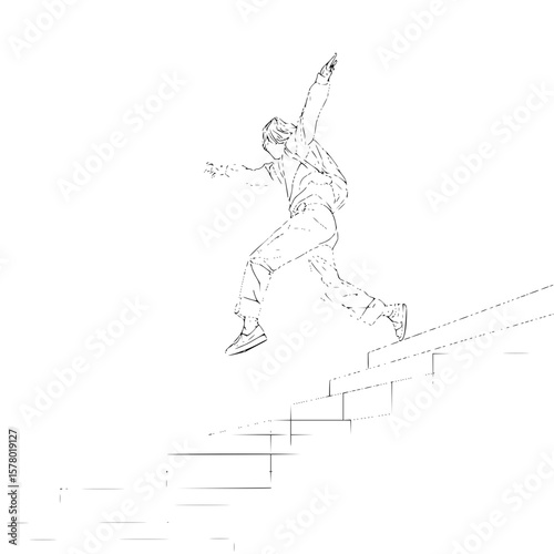 A person leaping down a staircase with arms outstretched in a dynamic line drawing style illustration