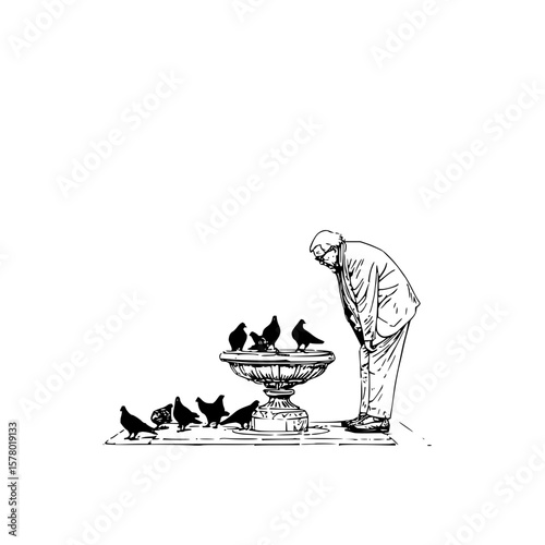 An illustration of an old man looking at pigeons around a fountain in black and white drawing art