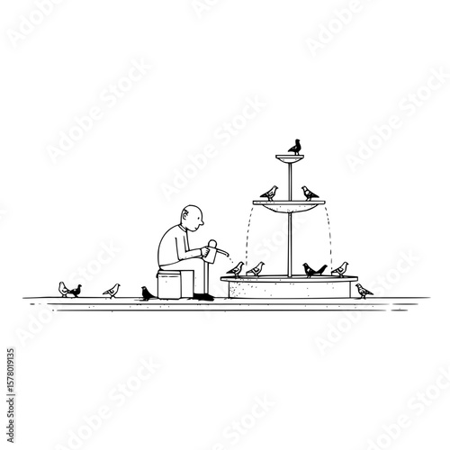 Man sitting on a stool watering a fountain with pigeons perched around it in a black and white drawing
