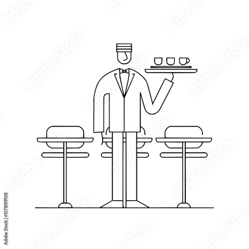A waiter in uniform holding a tray with three cups stands between three bar stools in a line art style