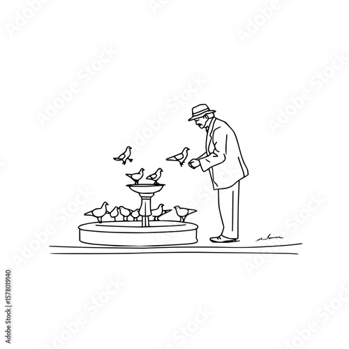 A man in a hat feeding pigeons at a fountain in a black and white line drawing style illustration