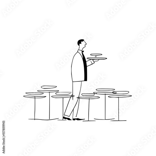 Illustration of a waiter in a suit carrying plates surrounded by empty tables in black and white style
