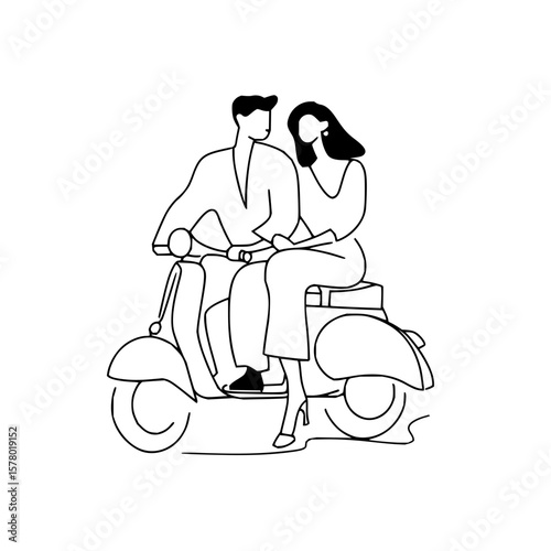 Line art illustration of a couple riding a vintage scooter with a simple and minimalist design style