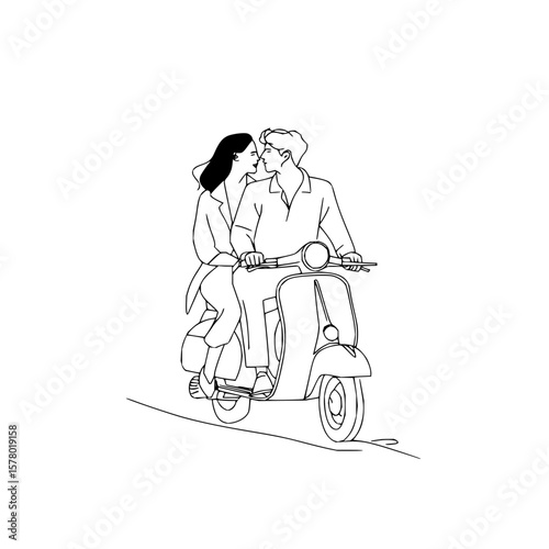 A couple riding a vintage scooter, sharing a tender moment, depicted in a minimalist line drawing style