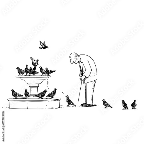 An elderly man with a cane watches pigeons gathered around a fountain in a black and white illustration