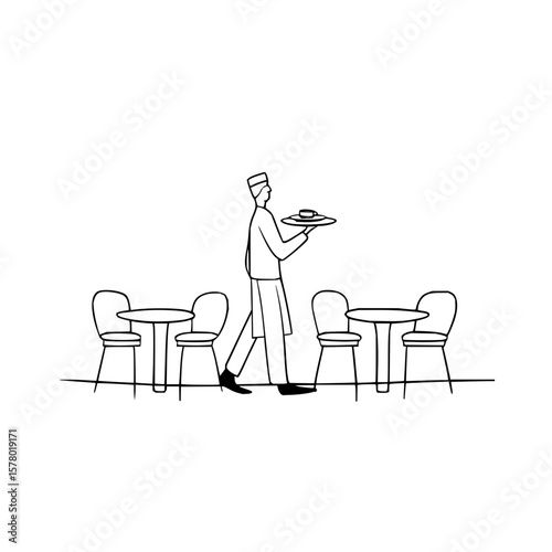 Line art of a waiter carrying a tray in an outdoor cafe setting with tables and chairs in black and white