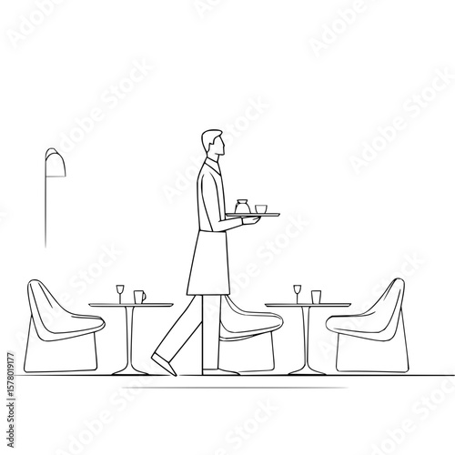 Waiter carrying tray in restaurant with tables chairs and lamp in a minimalist black and white illustration
