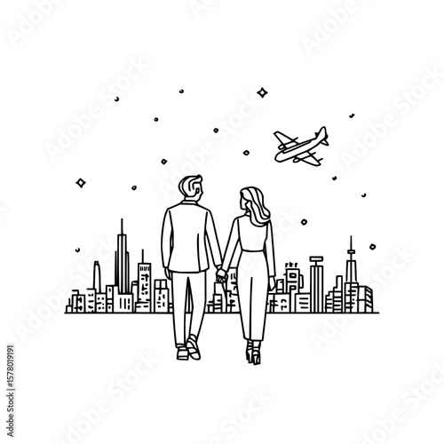 Couple holding hands looking at city skyline with airplane and stars in black and white line art style