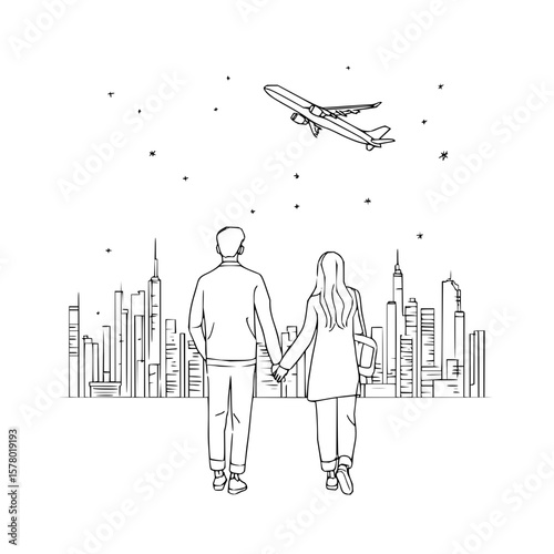 Couple holding hands watching airplane flying over city skyline at night with stars in black and white