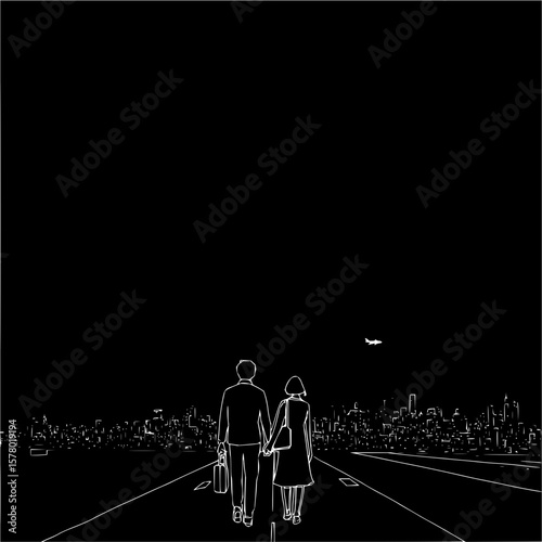 Couple holding hands walking towards a city skyline with an airplane in the dark sky in white outline
