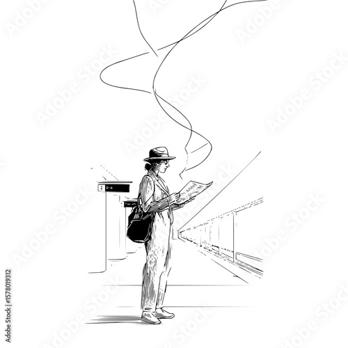 A person with a hat and bag is reading a newspaper in a hallway with abstract lines above their head