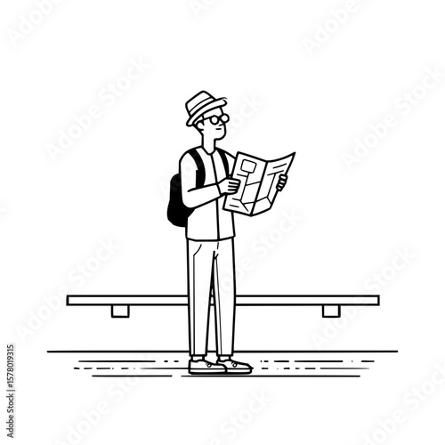 A tourist with a backpack and hat stands reading a map near a bench on a black and white drawing