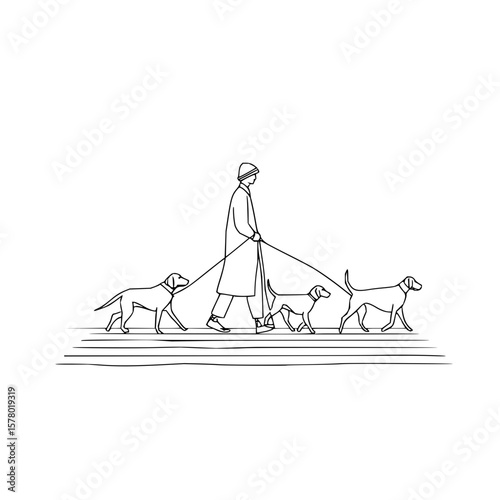 Line art depiction of a person walking three dogs on leashes across a striped ground surface outdoors
