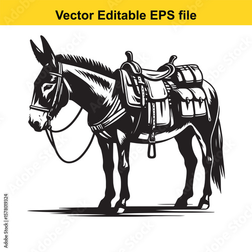 Angular Line Art of a Mule – Hybrid Vigor and Sturdy Stance with Packed Saddlebags Detail