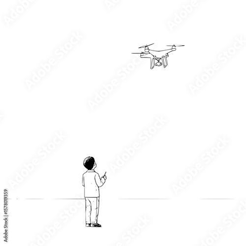 A young boy stands on a white surface looking up at a drone in the sky holding a remote controller in his hand