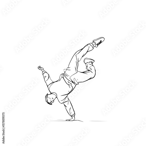 A sketch of a male breakdancer balancing on one hand with legs raised in a dynamic pose on white