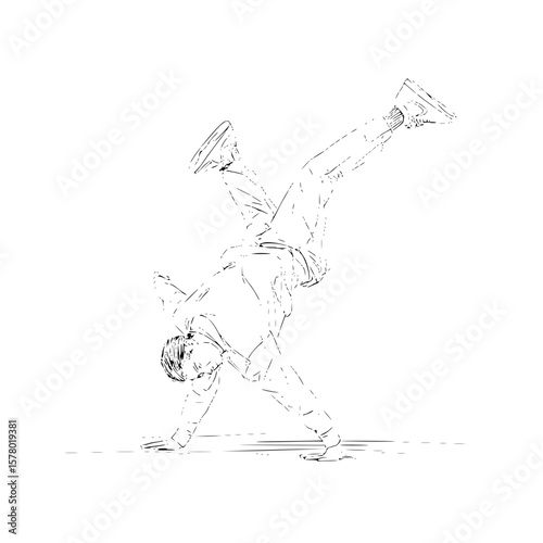 Illustration of a breakdancer performing a handstand with legs in the air on a white background