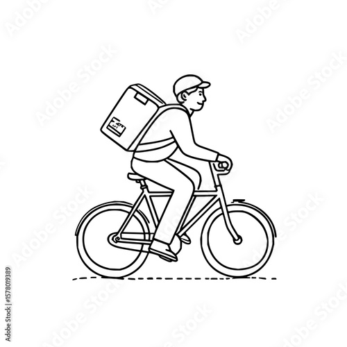 Delivery man riding a bicycle with package on his back in black and white outline style illustration