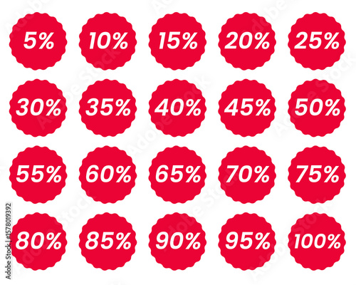Red circular starburst shape discount badge pack, white on red, minimalist design, sale icon discount badge promotional graphics vector illustration 10% 20% 30% 40% 50% 50% 60% 70% 80% 90% 100% free