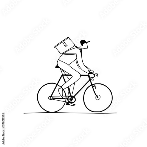 A delivery person on a bicycle with a package on their back in a simple line drawing style image