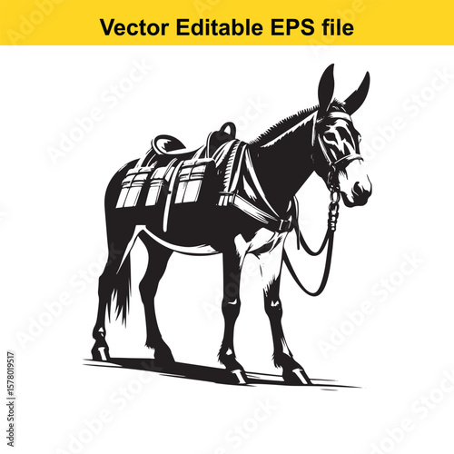 Angular Line Art of a Mule – Hybrid Vigor and Sturdy Stance with Packed Saddlebags Detail