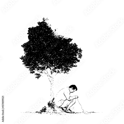 A man sitting under a large tree in a contemplative pose with a white background and black ink drawing style
