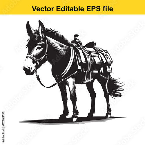 Angular Line Art of a Mule – Hybrid Vigor and Sturdy Stance with Packed Saddlebags Detail