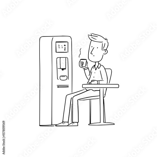 Man seated by water cooler holding a cup with steam rising in a black and white line drawing style image