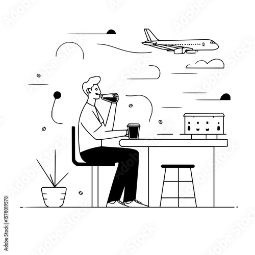 A person drinking coffee at a table with a plane flying in the background in a line art illustration
