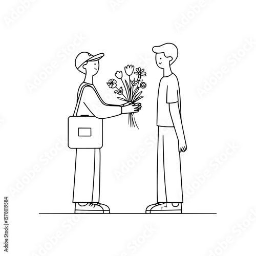Man in cap gives bouquet of flowers to another man standing in front of him in a line drawing style