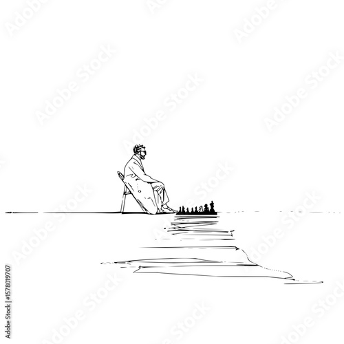 A man in a coat sitting on a chair facing a chess set in a black and white minimalist illustration