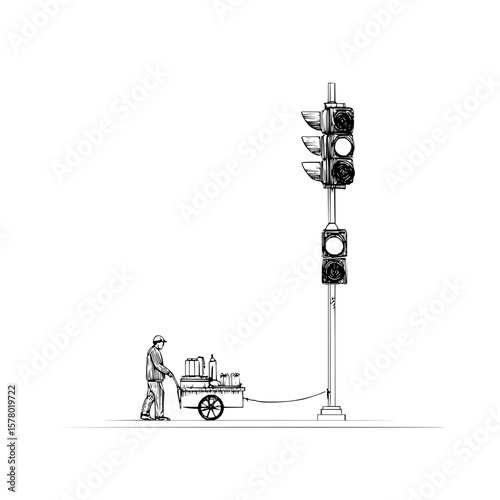Illustration of a worker pulling a cart near a traffic light on a plain white background scene design