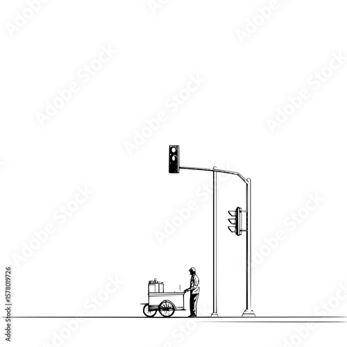 A street vendor with a cart stands beneath traffic lights in a minimalist black and white illustration