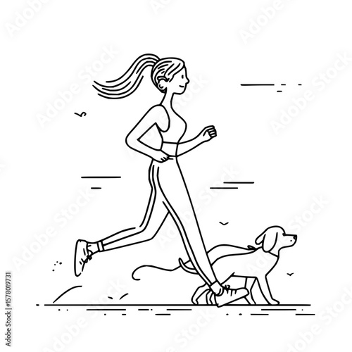 Woman with ponytail running alongside a dog in minimalist style black and white illustration art