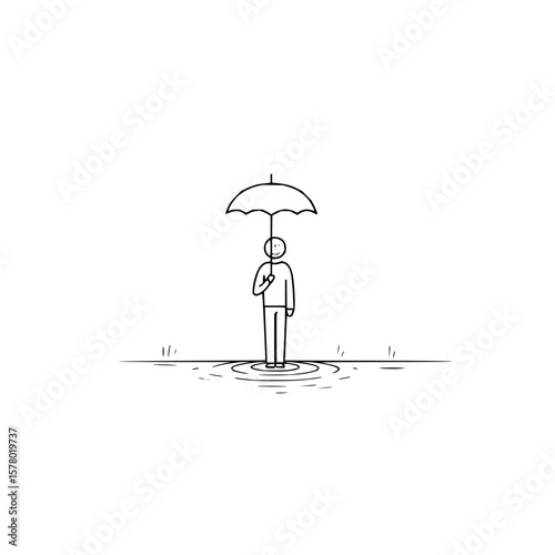 A simple line drawing of a person standing in a puddle holding an umbrella in the rain outside today