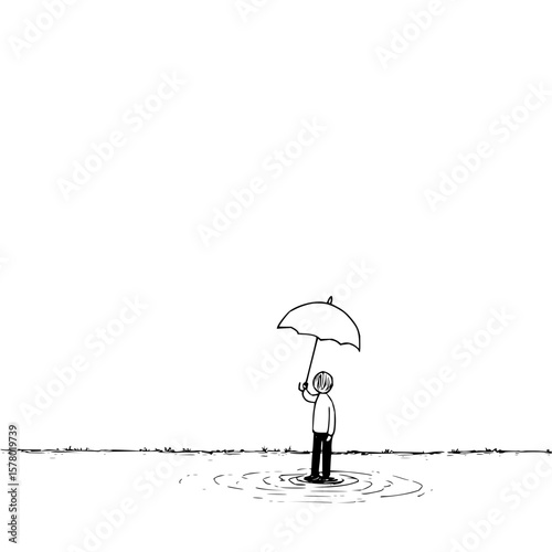 A person standing in a puddle holding an umbrella in a black and white sketch style illustration art