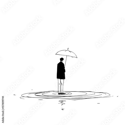 A person standing in water holding an umbrella with reflection in black and white minimalist drawing style