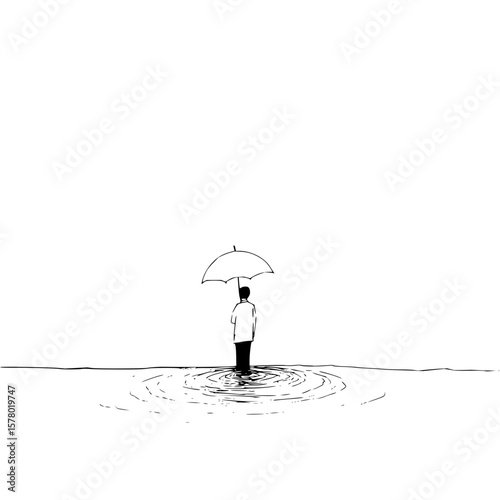 Man standing in water holding an umbrella in a minimalist black and white drawing style illustration