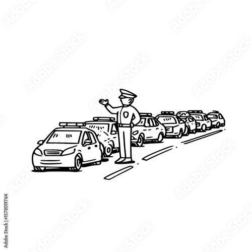 A police officer directing traffic with a line of police cars waiting on the road in black and white